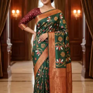ইক্কত সিল্ক কপার গ্রীন শাড়ি