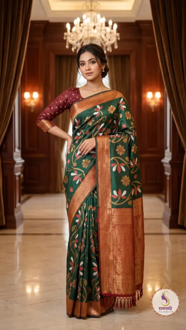 ইক্কত সিল্ক কপার গ্রীন শাড়ি