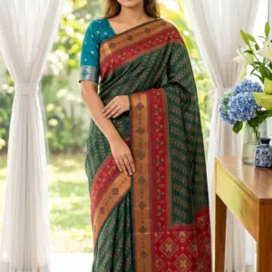 ইক্কত সিল্ক ডার্ক গ্রীন শাড়ি
