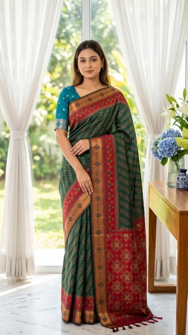 ইক্কত সিল্ক ডার্ক গ্রীন শাড়ি