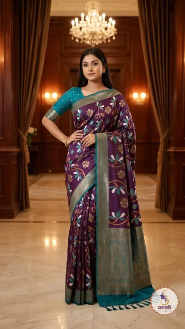 ইক্কত সিল্ক ডিপ পারপেল শাড়ি