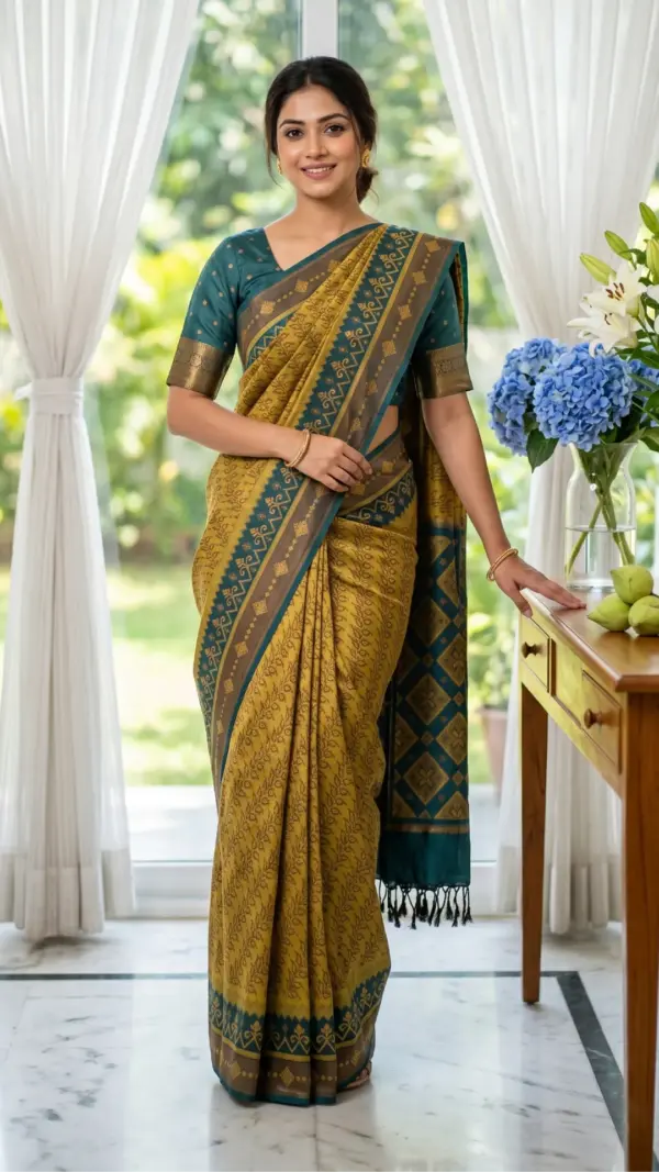 ইক্কত সিল্ক গোল্ডেন শাড়ি