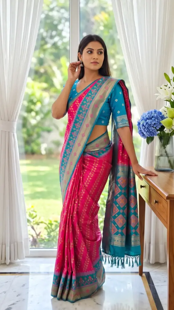 ইক্কত সিল্ক মেজেন্টা শাড়ি