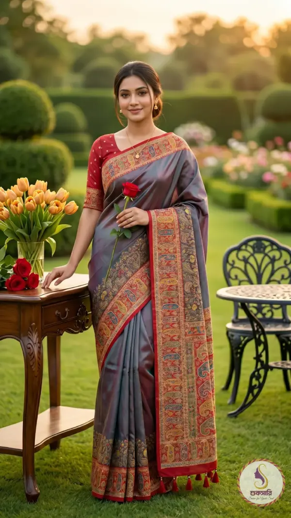 কাশ্মীরি কানি কপার রেড শাড়ি