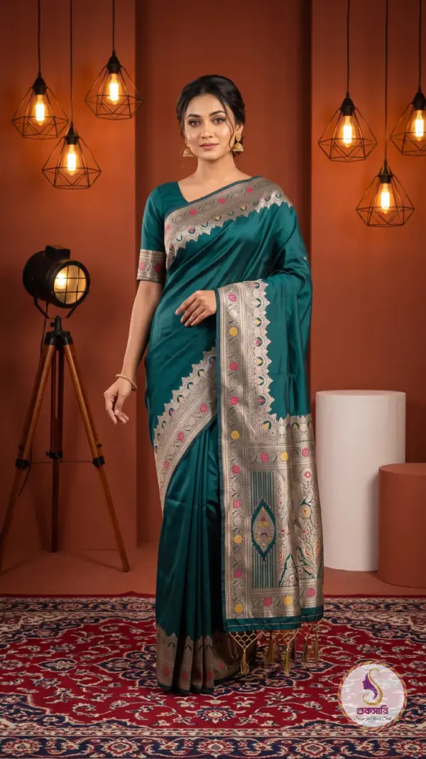 বেনারসি সিল্ক ডার্ক গ্রীন শাড়ি