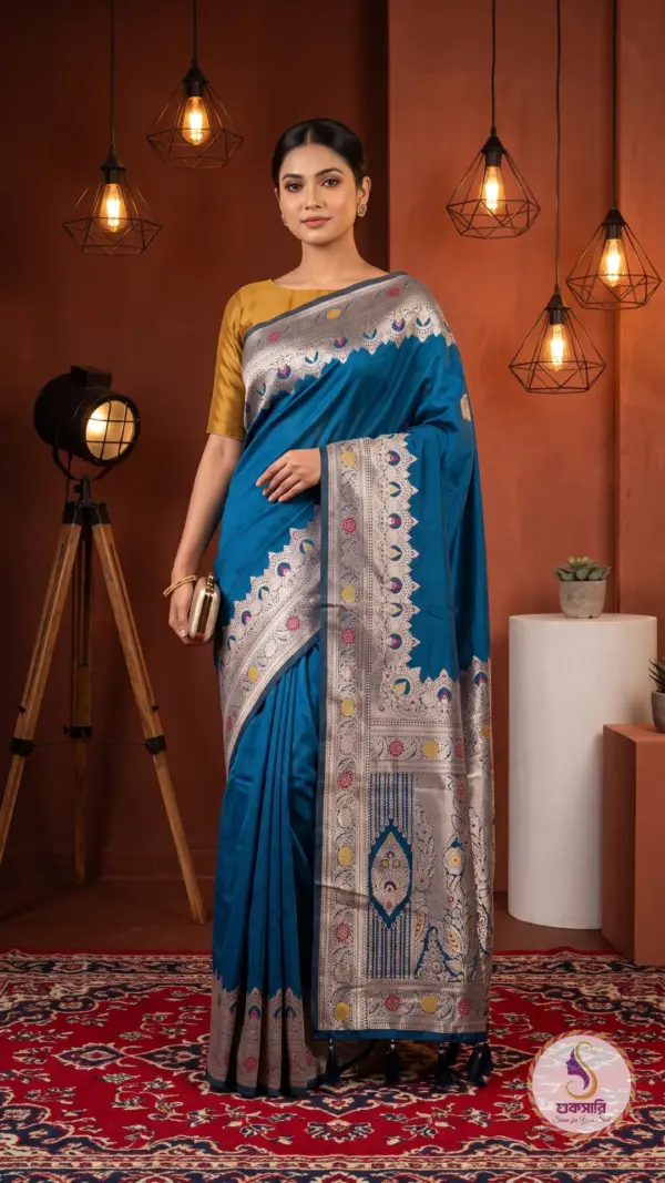 বেনারসি সিল্ক পিকক ব্লু শাড়ি