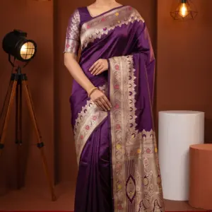 বেনারসি সিল্ক প্লাম শাড়ি