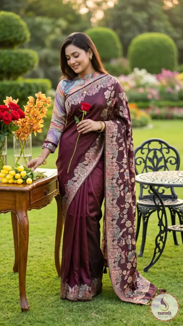 চন্দন সিল্ক ব্ল্যাক কফি-ব্রাউন শাড়ি
