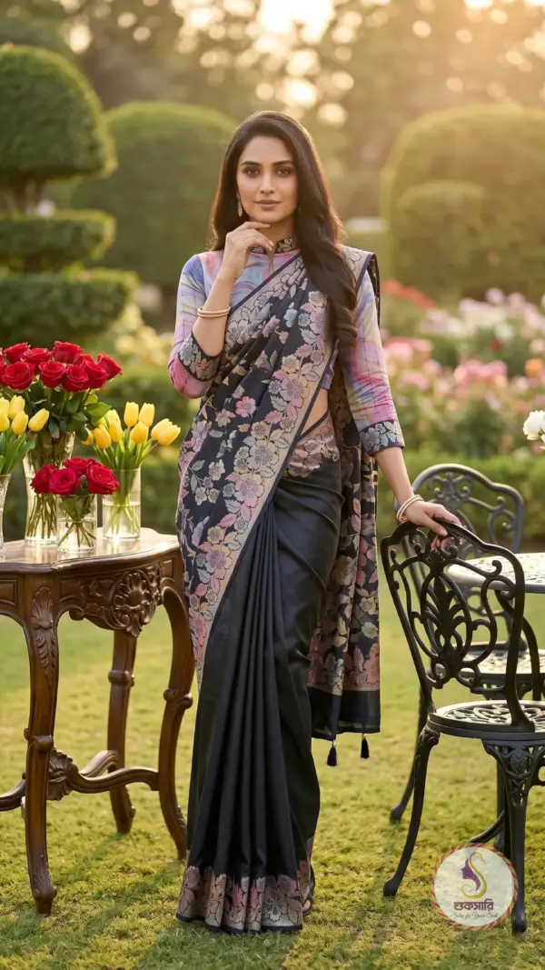 চন্দন সিল্ক ব্ল্যাক মেরুন শাড়ি
