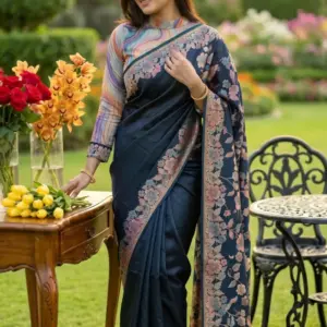 চন্দন সিল্ক ব্ল্যাক নেভি-ব্লু শাড়ি