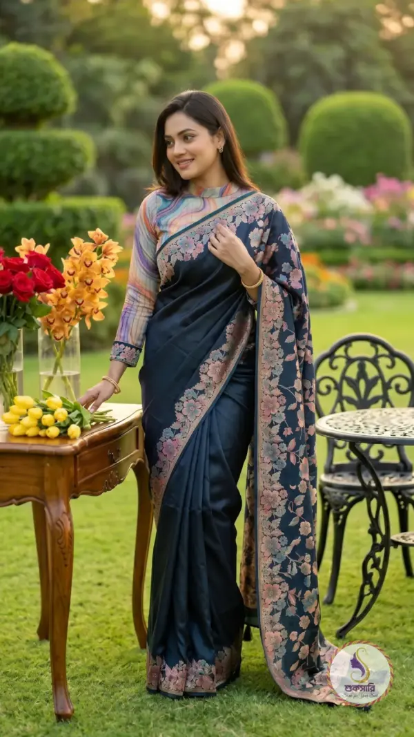 চন্দন সিল্ক ব্ল্যাক নেভি-ব্লু শাড়ি