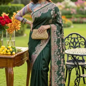 চন্দন সিল্ক ব্ল্যাক অলিভ গ্রীন শাড়ি