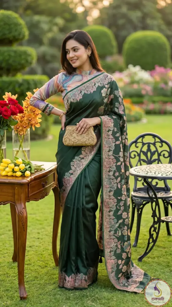 চন্দন সিল্ক ব্ল্যাক অলিভ গ্রীন শাড়ি