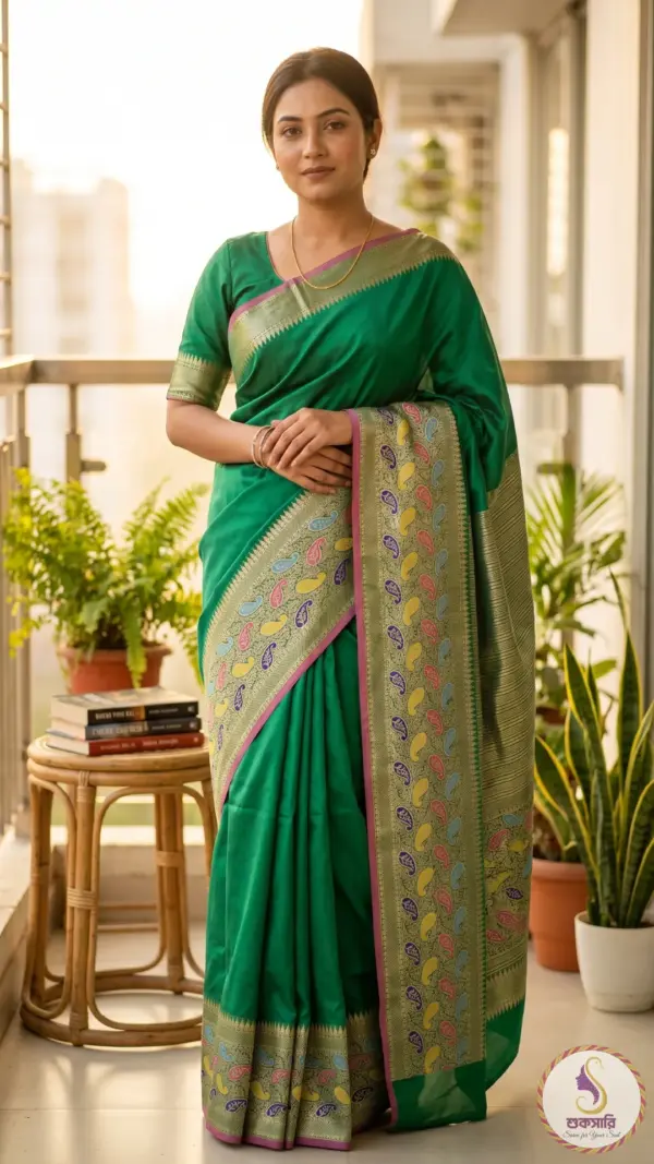 কাতান সিল্ক গ্রীন শাড়ি