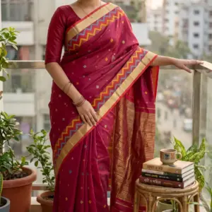 কাতান সিল্ক মেরুন শাড়ি