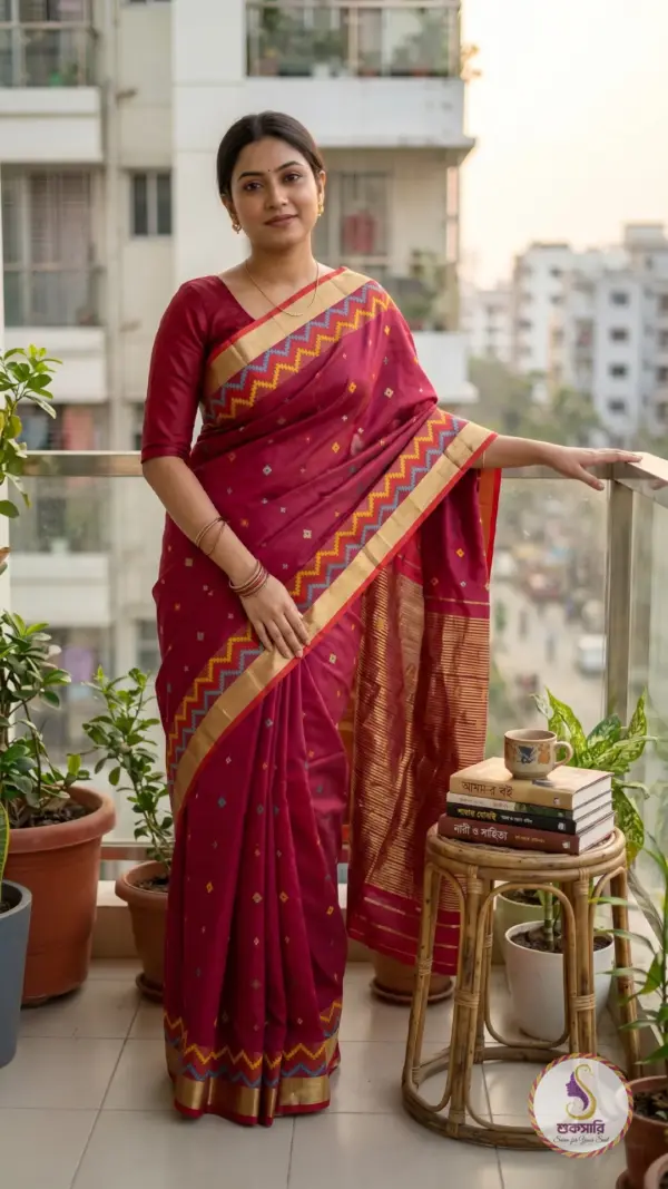 কাতান সিল্ক মেরুন শাড়ি