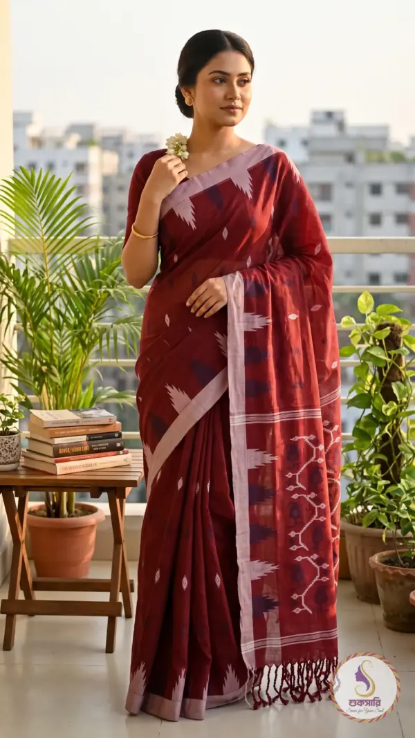 মনিপুরী কটন মেরুন শাড়ি