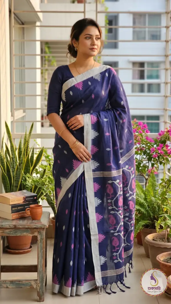 মণিপুরি কটন নেভি ব্লু শাড়ি