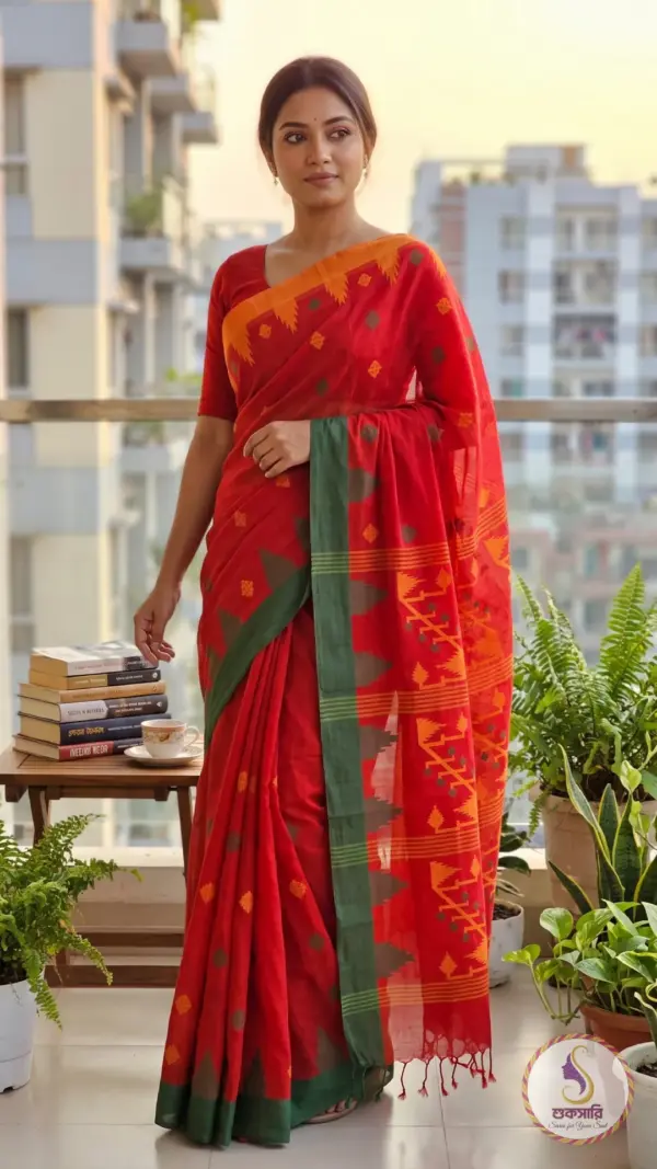 মনিপুরী কটন রেড শাড়ি