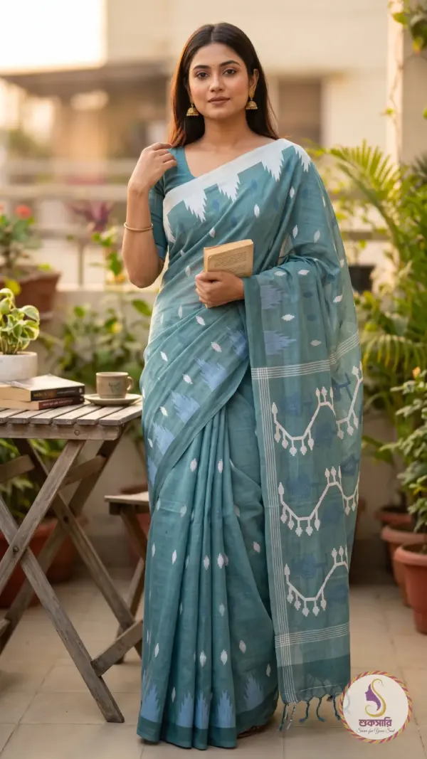 মনিপুরী কটন সিফোম গ্রীন শাড়ি