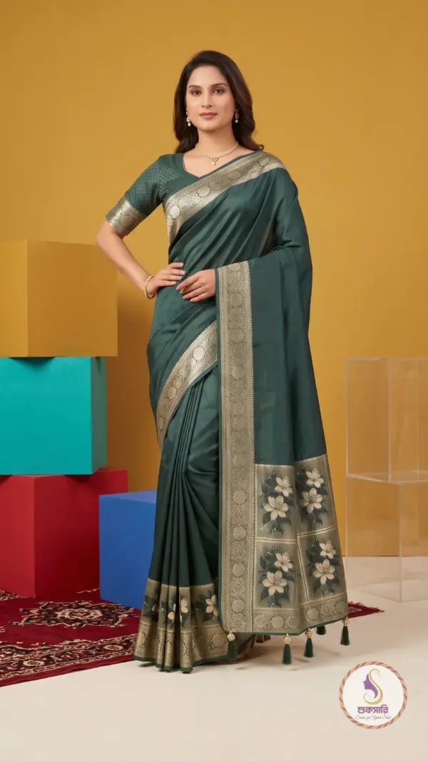 মাশরু সিল্ক বটল গ্রিন শাড়ি