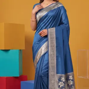 মাশরু সিল্ক পিকক ব্লু শাড়ি