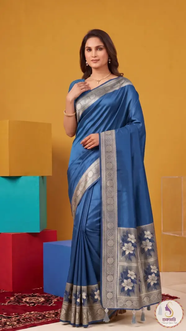 মাশরু সিল্ক পিকক ব্লু শাড়ি