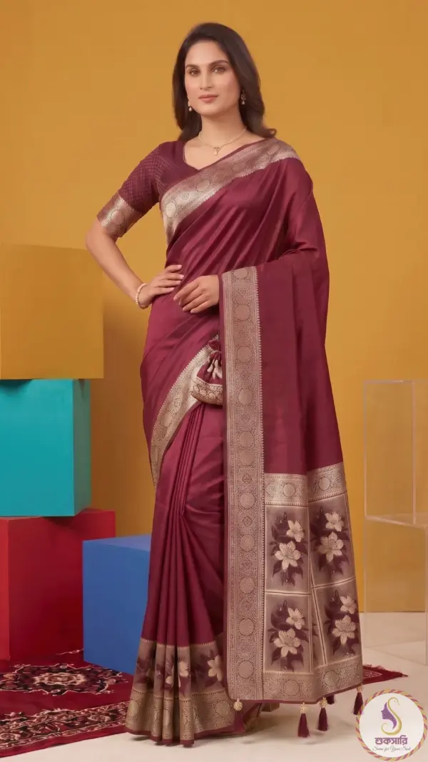 মাশরু সিল্ক রিচ মেরুন শাড়ি