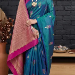সাউথ সিল্ক ব্লু গ্রীনিস টিল শাড়ি
