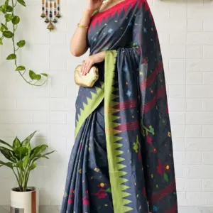 মণিপুরি স্টাইল ডিপ গ্রে কটন শাড়ি