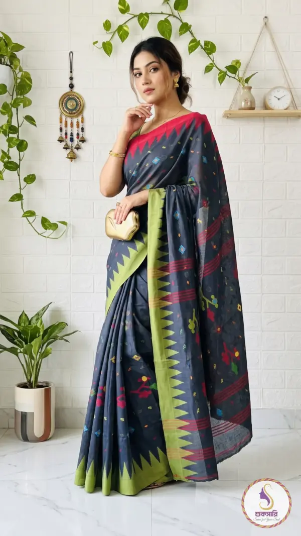 মণিপুরি স্টাইল ডিপ গ্রে কটন শাড়ি