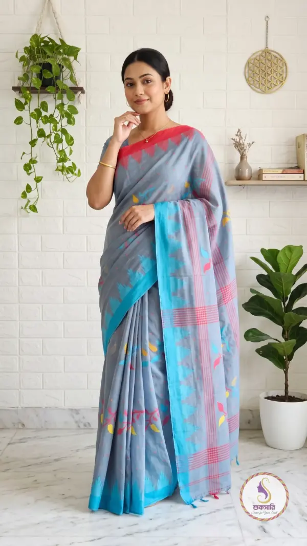 মণিপুরি স্টাইল লাইট গ্রে কটন শাড়ি