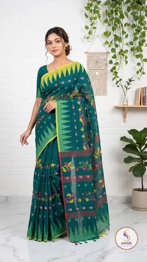 মণিপুরি স্টাইল টিল গ্রীন কটন শাড়ি