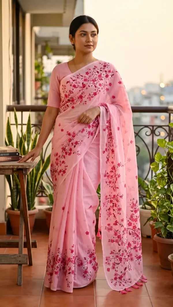 হাতে আঁকা চেরি সেমি-মসলিন শাড়ি