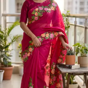হাতে আঁকা গোলাপ সেমি-মসলিন শাড়ি