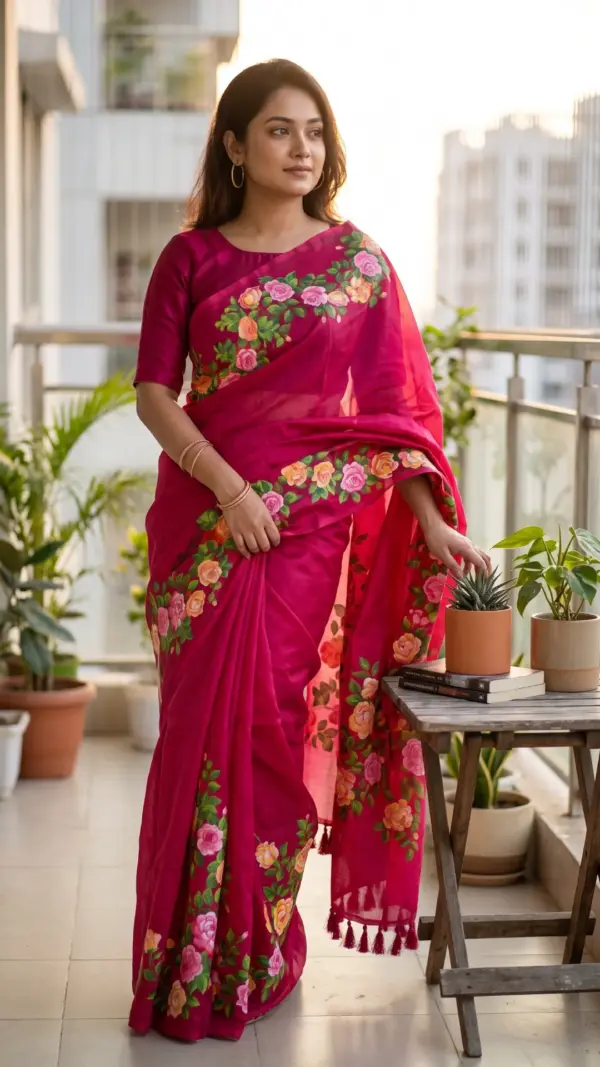 হাতে আঁকা গোলাপ সেমি-মসলিন শাড়ি