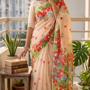 হাতে আঁকা কৃষ্ণচূড়া সেমি-মসলিন শাড়ি