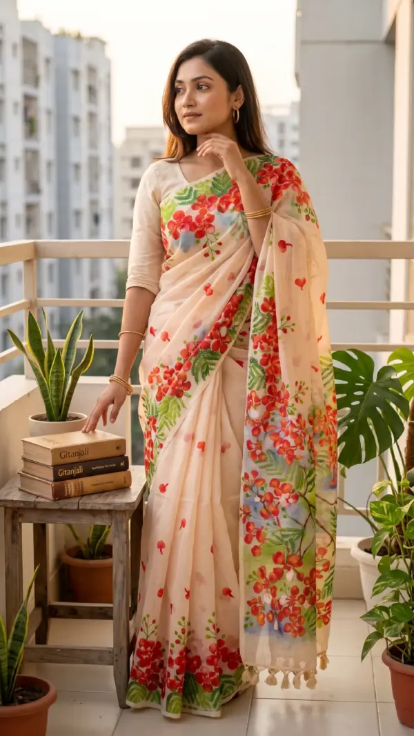 হাতে আঁকা কৃষ্ণচূড়া সেমি-মসলিন শাড়ি