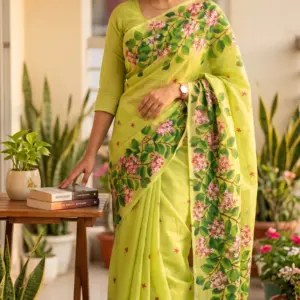 হাতে আঁকা রঙ্গন সেমি-মসলিন শাড়ি