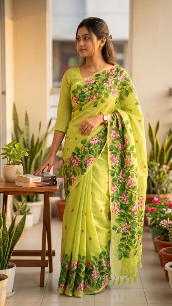 হাতে আঁকা রঙ্গন সেমি-মসলিন শাড়ি