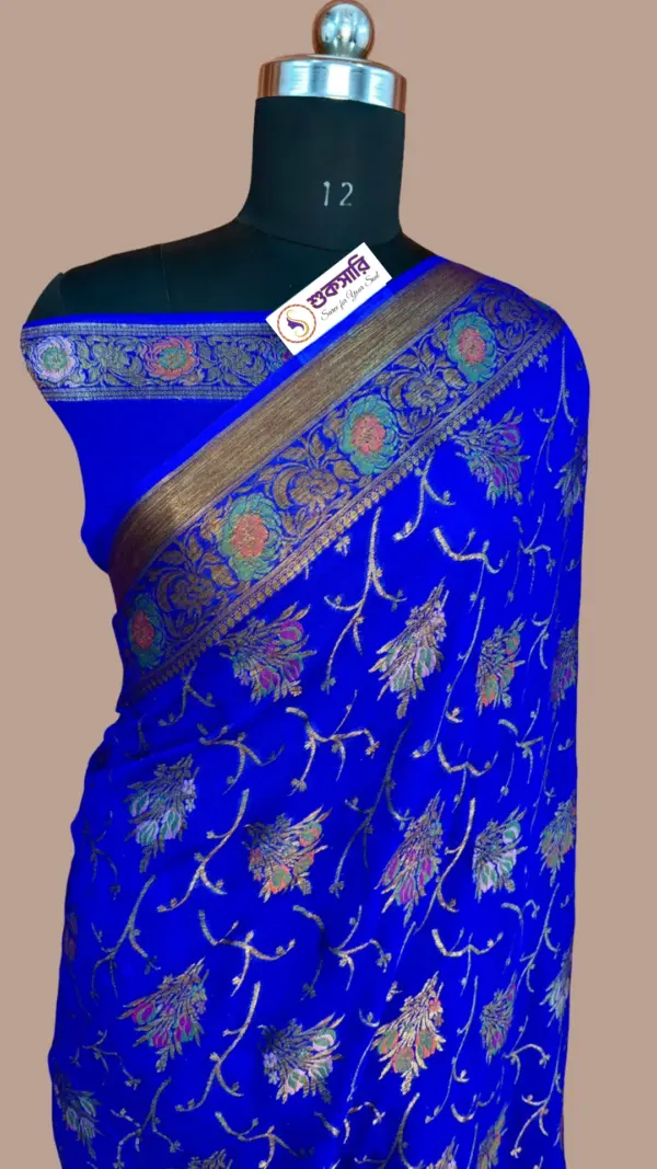 খাদ্দি শিফন জর্জেট রয়েল ব্লু শাড়ি