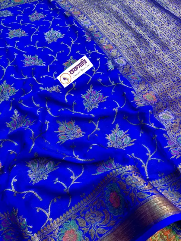 খাদ্দি শিফন জর্জেট রয়েল ব্লু শাড়ি