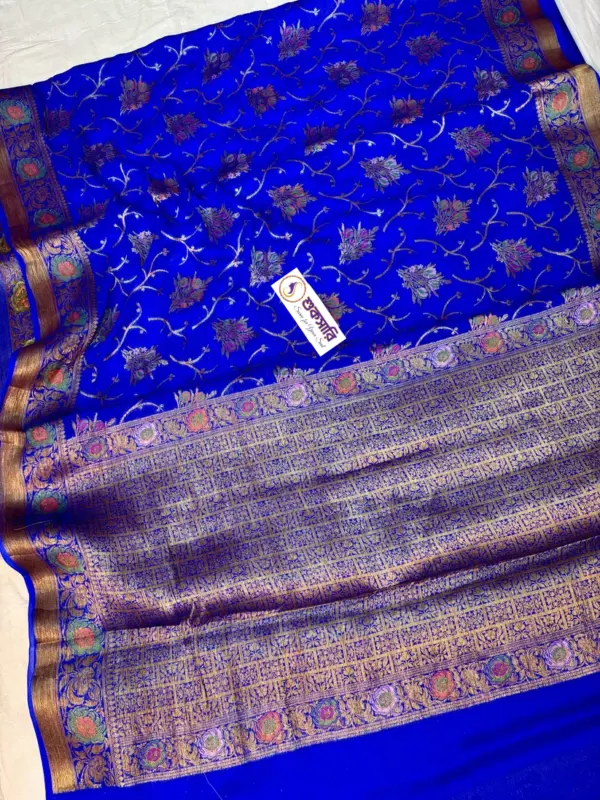 খাদ্দি শিফন জর্জেট রয়েল ব্লু শাড়ি